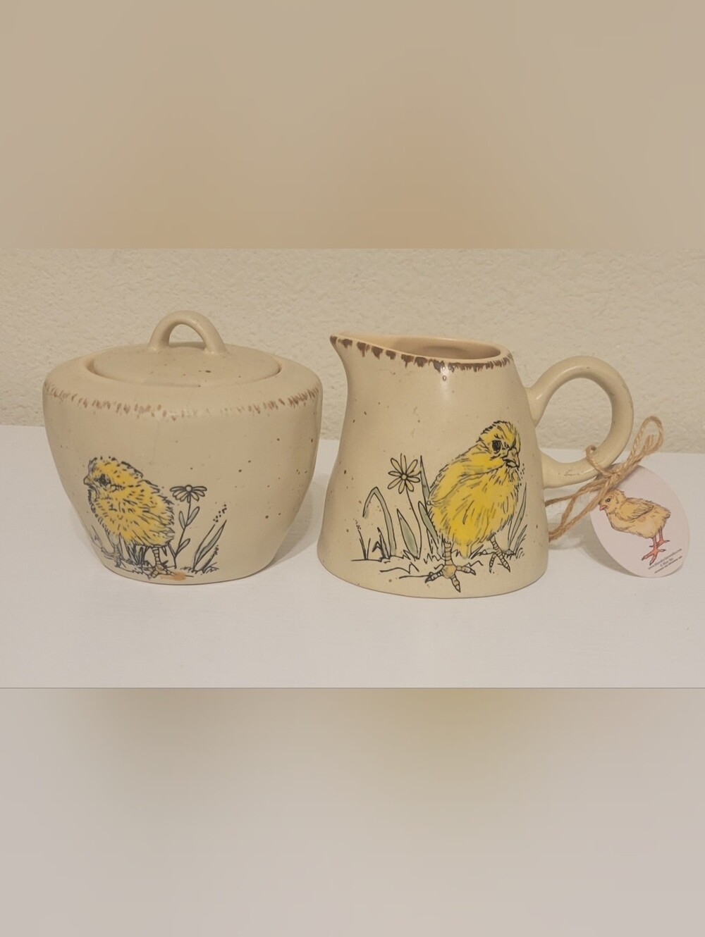 Cream Ceramic Creamer and Sugar Set with Yellow Chick Motif - Home Accents Decor
